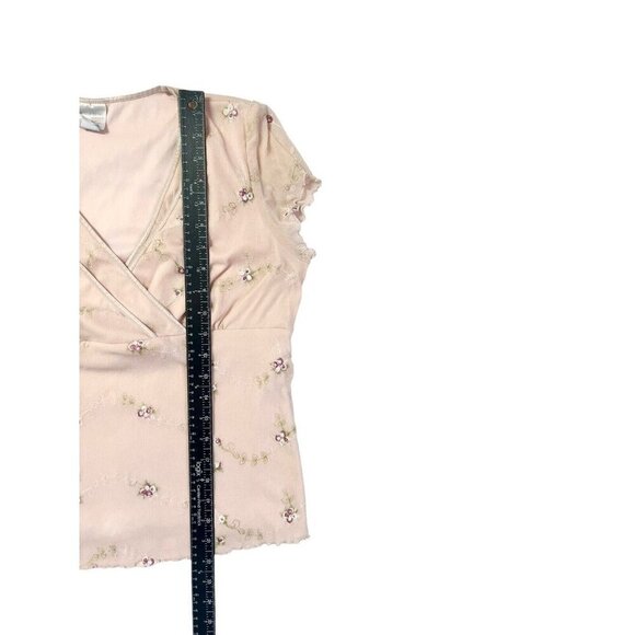 Vtg Baby Doll Top Women L Pale Fairy Y2K Top Lettuce Hem Cottagecore Mesh Floral - Picture 10 of 11